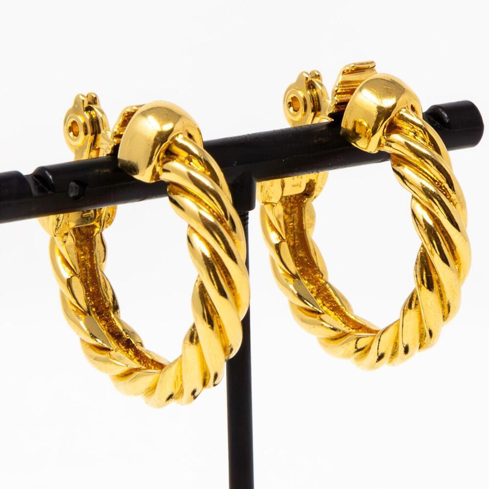 Vintage Monet Hoop Earrings Clip On Gold Tone Dangle Rope Twist Texture Braid 1"